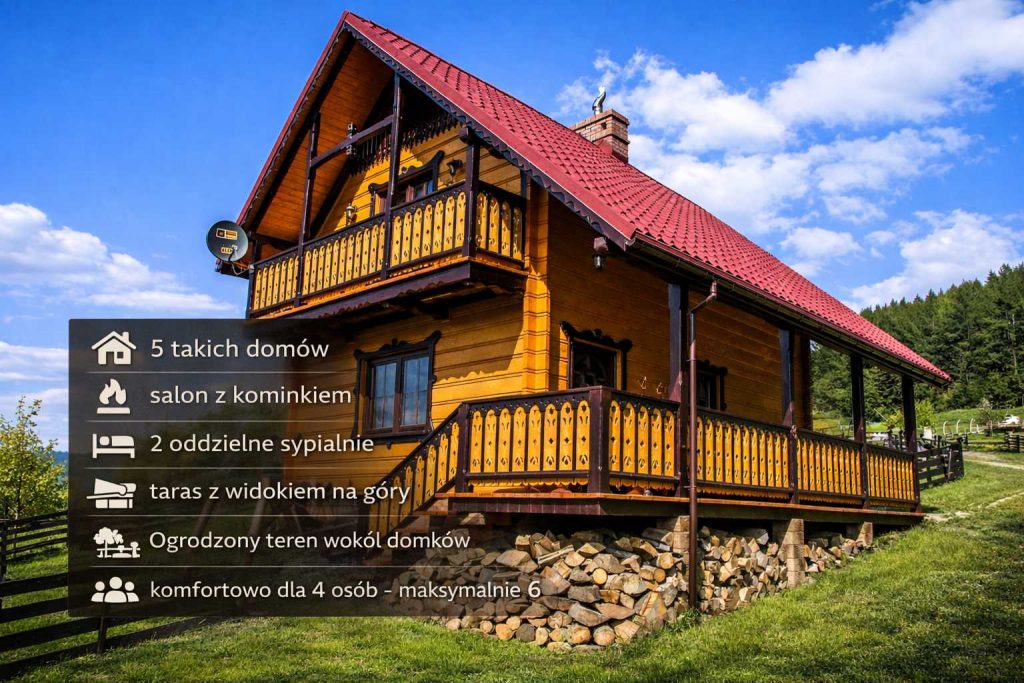 Domki rodzinne w Beskidach – drewniany domek w górach z tarasem i widokiem na góry