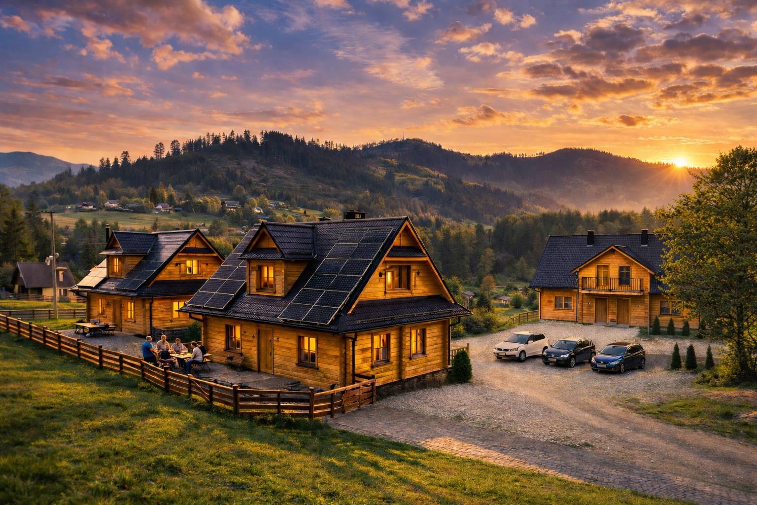 Drewniane domki w górach w Soblówce w Beskidzie Żywieckim o zachodzie słońca z widokiem na góry